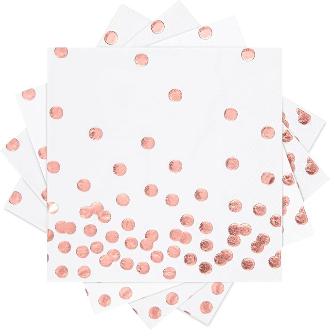 80 Pack of White Paper Cocktail Napkins with Gold Foil Polka Dot Confetti，Polka Dot Party Supplies(5 x 5 in，3-ply) (Rose Gold)