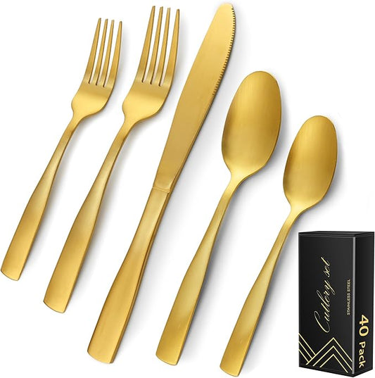 40-Piece Matte Gold Silverware Set for 8, 18/0 Brushed Finish Stainless Steel Utensils Set, Dishwasher Safe Modern Flatware Set for Daily Home Restaurant Party Event Serving For 8