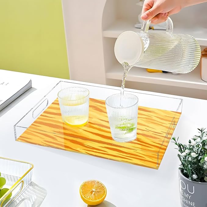 Serving Tray with Handles Clear Acrylic Tray 12x16 Inch Decorative Rectangular Tray Organizer for Ottoman Coffee Table Bathroom Bright Orange Yellow Tiger Print
