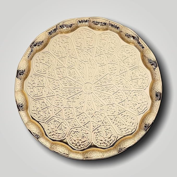 Alisveristime Turkish Ottoman Coffee Tea Serving Tray – 13.60 inches, Metal with Traditional Motifs, Available in Five Colors (Gold)