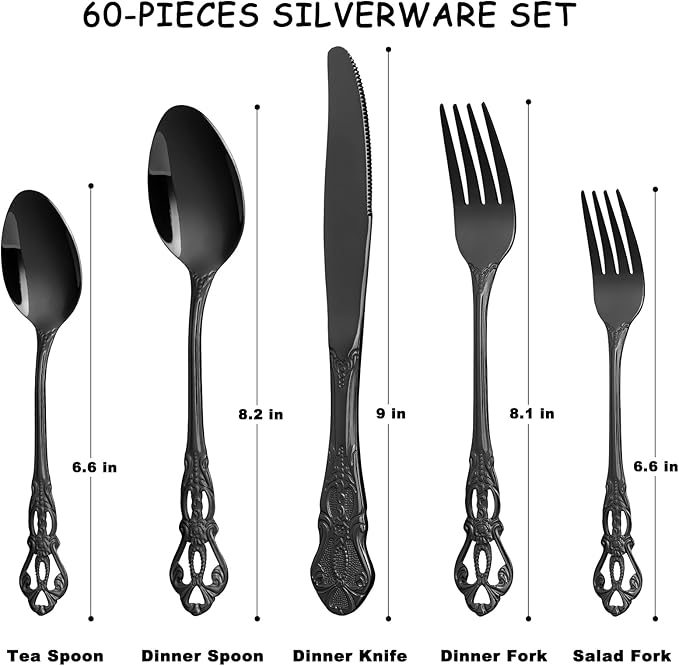 Black Silverware Set for 12, Stainless Steel Gorgeous Retro Royal Flatware Set, 60-Pieces Cutlery Tableware set, Kitchen utensils set Include Spoons And Forks Set, Mirror Finish, Dishwasher Safe