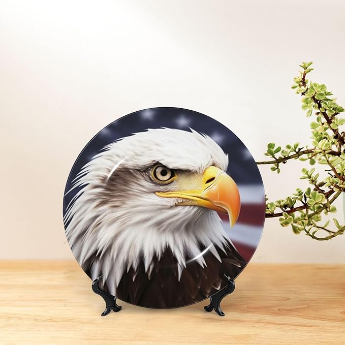 Bald eagle Ceramic Decorative Plates 6in Personalized Bone China Decorative Plate with Display Stand Ceramic Dinner Plate Ornaments Wall Hanging Decoration for Home Decor