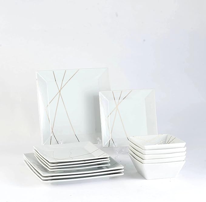 DOMINI 12-Piece Kitchen Dinnerware Set, Service for 4, Porcelain Dishes Dinner Set, Square Dinnerware Sets with Dinner Plates, Dessert Plates and Pasta Bowls,White gold line