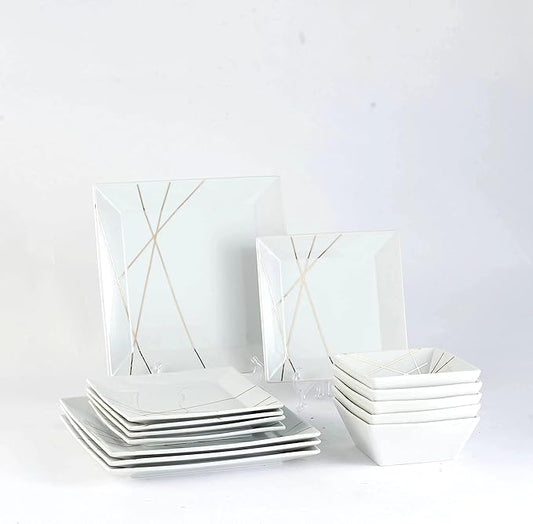 DOMINI 12-Piece Kitchen Dinnerware Set, Service for 4, Porcelain Dishes Dinner Set, Square Dinnerware Sets with Dinner Plates, Dessert Plates and Pasta Bowls,White gold line