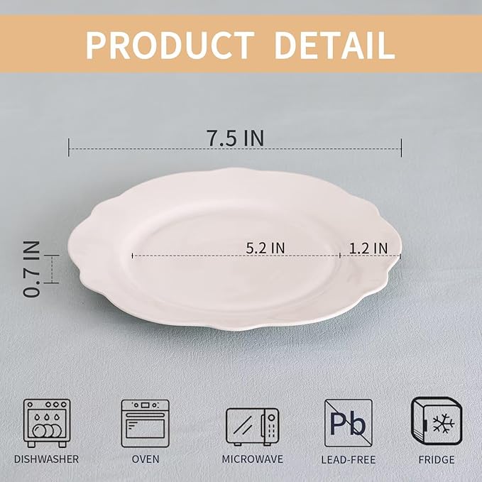 7.5 Inch Ceramic Dessert Plates Set of 12, White Leave Wave Rim Porcelain Appetizer Plate, Small Dinner Serving Plates for Cake, Salad, Side Dishes, Snacks, Oven and Dishwasher Safe