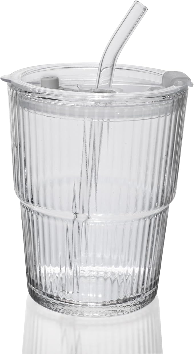 QWEZXO 13OZ/400ML Ice Coffee Glass Tumbler, Thick Wall Water Glass Cup Mug Tea with Straw and Lid Sealed Carry On （Clear）