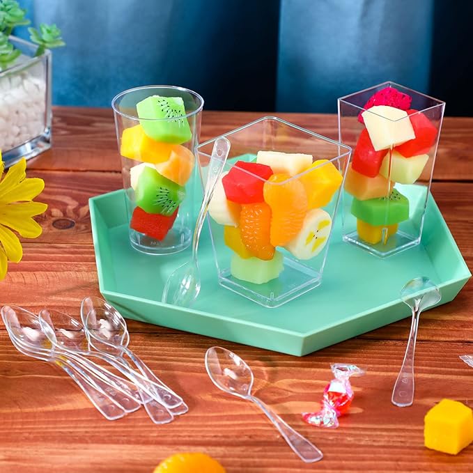 Zhehao 300 Packs 3 oz 5.6 oz Mini Dessert Cups with Spoons Plastic Parfait Appetizer Shooter Yogurt Cups Disposable Clear Square Dessert Serving Containers(Simple Style,Clear)