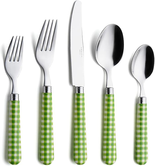 ANNOVA Silverware Set Stainless Steel Colorful Tableware Kitchen Flatware Set Utensils, Includes Dinner Knives, Forks, Spoons, Salad Forks & Dessert Spoons (Green/Checkered, 20 Pieces)