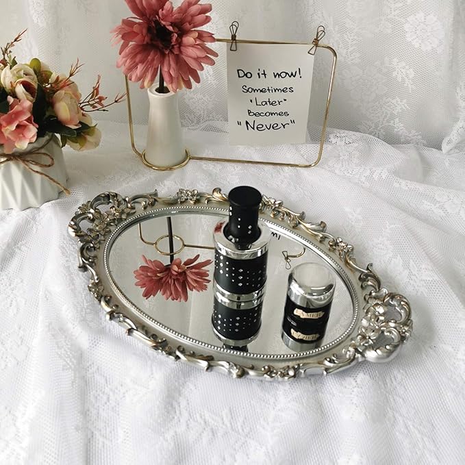 Ham Oval Floral Wall Mirror Tray, Dresser Organizer Tray, Decorative Perfume Mirror Tray, Serving Tray, 9.5’’ X 14.5’’, Silver
