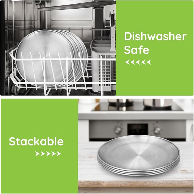 Metal Camping Plates, 6 Pack 9.1 inch 304(18/8) Stainless Steel Plates, Reusable Pizza Food Serving Snack Eating Salad Dishes Round Shatterproof Plate Silver Dinnerware Dinner Oven Safe
