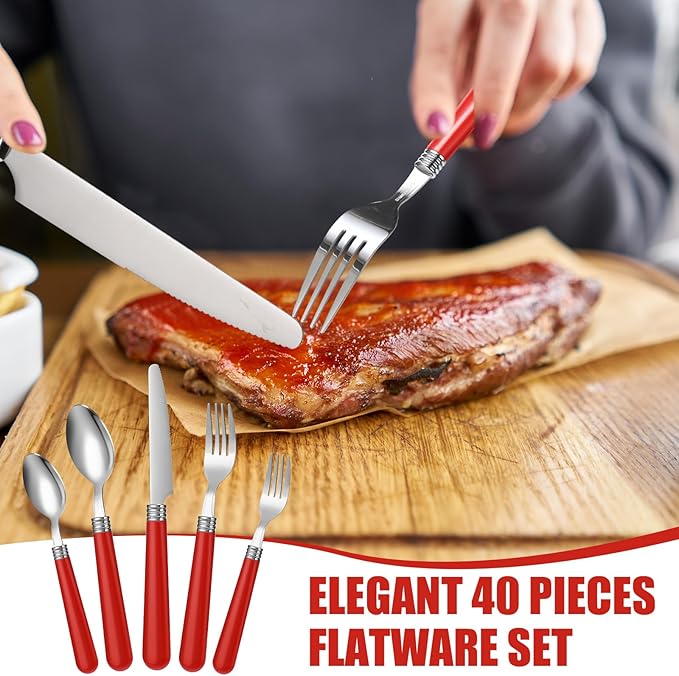 Sabary 40 Pcs Handle Silverware Stainless Steel Sets for 8 Flatware Cutlery with Colored Handles 8 Dinner Knife, 8 Dinner Fork, 8 Salad Fork, 8 Dinner Spoon, 8 Dessert Spoon for Home(Red)