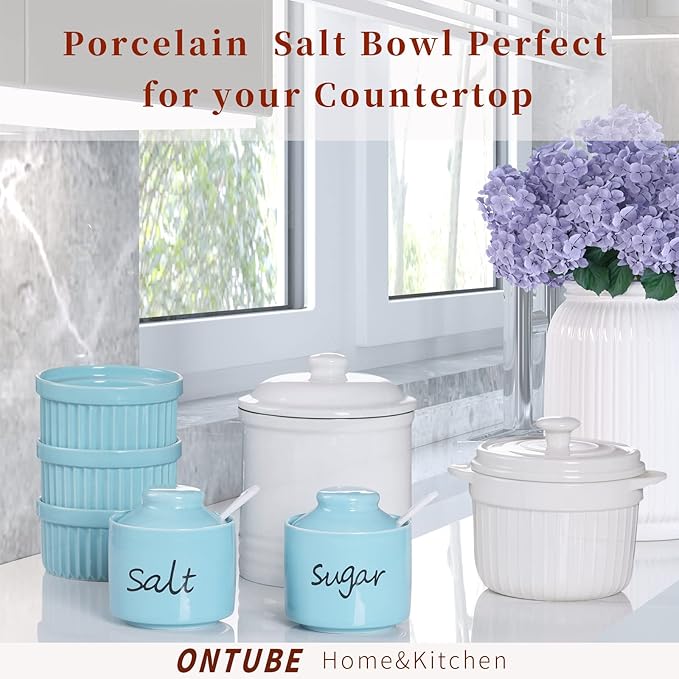 ONTUBE 8oz Sugar and Salt Bowls with Lid and Spoon, Ceramics Condiment Pots,Seasoning Jar Spice Container for Kitchen,Dishwasher Safe (Turquoise)