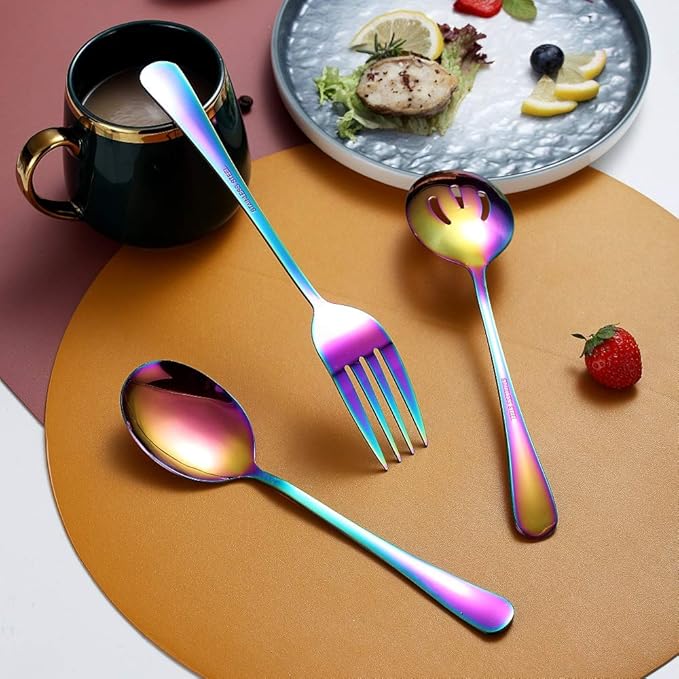 Rainbow 10-Piece Serving Flatware Set - Stainless Steel Silverware with Slotted Spoon, Cake Server, Fork, Soup Ladle
