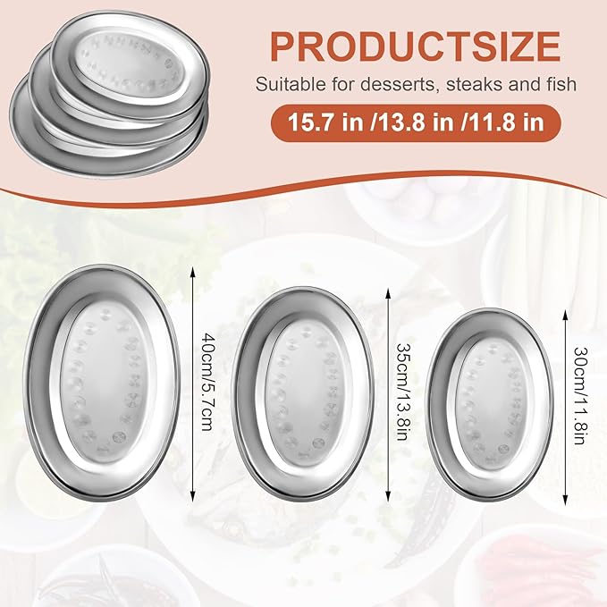 MAQUITA 3 Pcs Stainless Steel Serving Tray Large Oval Platter Set,Oval Serving Set Heavy Duty Metal Serving Tray Large Mirror Polish Sizzle Plate,12 in, 14 in, 16 in