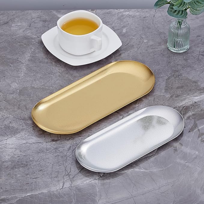 SANQIAHOME 7X3 inch ellipse Appetizer Plates,thick stainless steel Dinner Plates, Pasta Dessert Plates for Sushi, Fruit oven/Dishwasher Safe, Set of 4,Gold