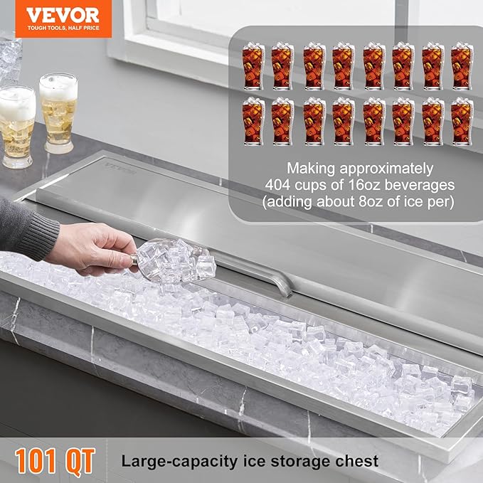 VEVOR Drop in Ice Chest, 36"L x 18"W x 14"H Stainless Steel Ice Cooler, Commercial Ice Bin with Sliding Cover, 40.9 qt Outdoor Kitchen Ice Bar, Drain-pipe and Drain Plug Included, for Cold Wine Beer