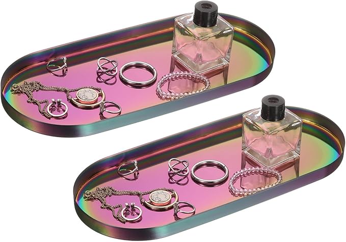 uxcell 2pcs Rectangle Serving Trays, 5 x 12inch Metal Serving Platter Board Bathroom Tray for Coffee Party Home Decor Cheese Dish Cake Dessert, Colorful