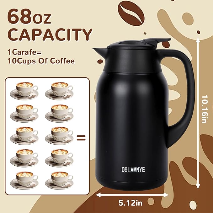 68 oz Coffee Carafe for Keeping Hot - 12 Hour Hot Drinks and 24 Hour Cold Drinks Stainless Steel Insulated Pot with Anti-Drip Spout, 316 Food Grade Thermal carafe Pot for Home/Camping/Office Black