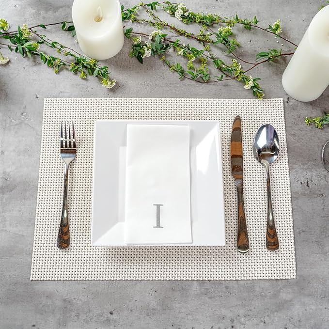 Luxenap 15.8 X 7.9 Inch Linen-Feel Guest Towels, 2000 Lettered Hand Towels - Silver Letter 'I', Sans Serif Font, White Paper Dinner Napkins, airlaid, For Restrooms And Tables - Restaurantware