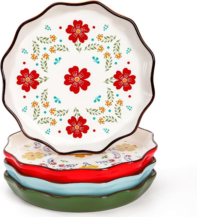 4 Pack Ceramic Dessert Plates, 7.5 Inch Small Floral Dinner Appetizer Plate, Lunch Salad Serving Dishes, Vintage Flat Pasta Bowl for Steak Fruit Pizza, Dishwasher & Microwave Safe