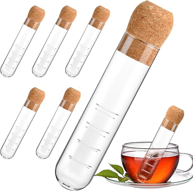 6 Pcs Glass Tea Infuser with Cork, Clear Tea Strainer, Reusable Tea Steeper for Loose Tea, Fits for Cups, Mugs and Teapots Portable for Travel, Home, Office