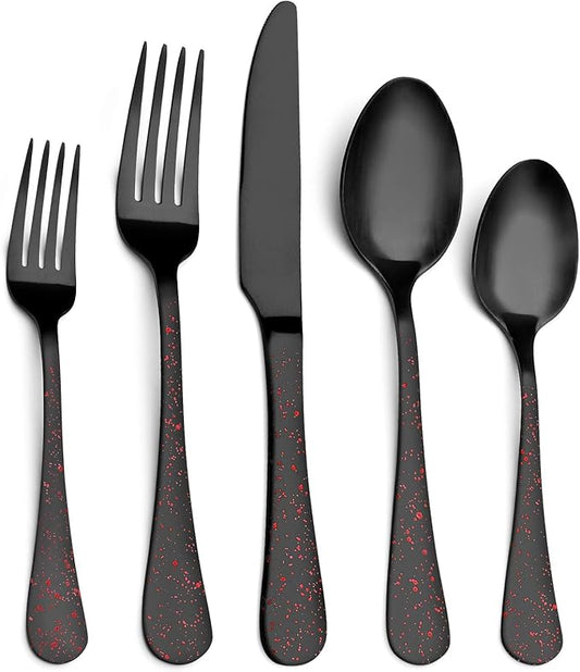 O.C.E. Matte Black Silverware Set, Stainless Steel Flatware Set, 20-Piece Tableware Cutlery Set Service for 4, Satin Finish Tableware Utensils Set, Dishwasher Safe (Starry Red)