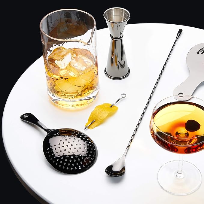 Viski Julep Stainless Steel Cocktail Strainer, Bar Tools, Drinks Spoon for Bartenders and Mixologists, Home or Commercial Use, Professional Metal Barware, Black, 6.75"