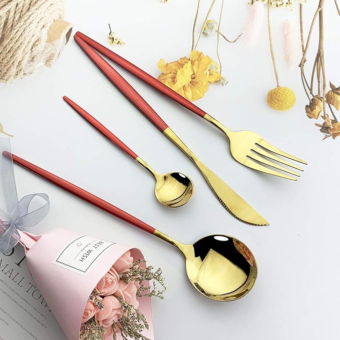 JASHII 24 Piece Titanium Stainless Steel Flatware Set, Red Handle Gold Mouth Utensils, Shiny Gold Cutlery Set for 6