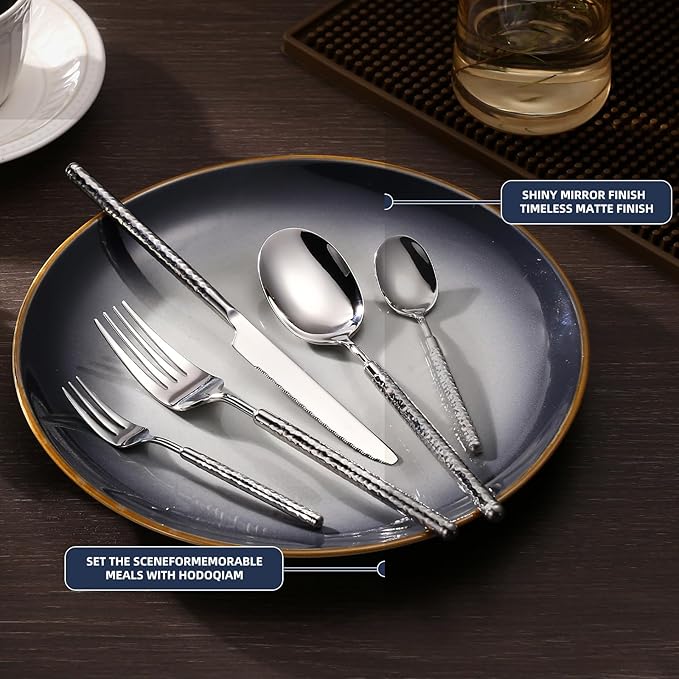 20-Piece Silverware Set, Stainless Steel Flatware Set for 4, Modern Hammered Utensil Tableware Set Include Dinner Knife/Fork/Spoon, Mirror Finish, Dishwasher Safe (20, silver)