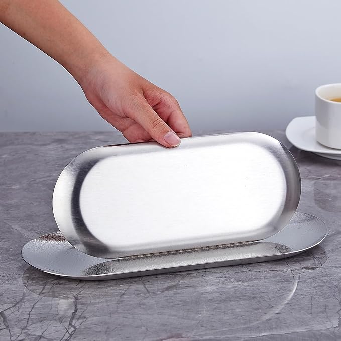 8.5X3.7 inch ellipse Appetizer Plates,thick stainless steel Dinner Plates, Pasta Dessert Plates for Sushi, Fruit oven/Dishwasher Safe, Set of 4,silver