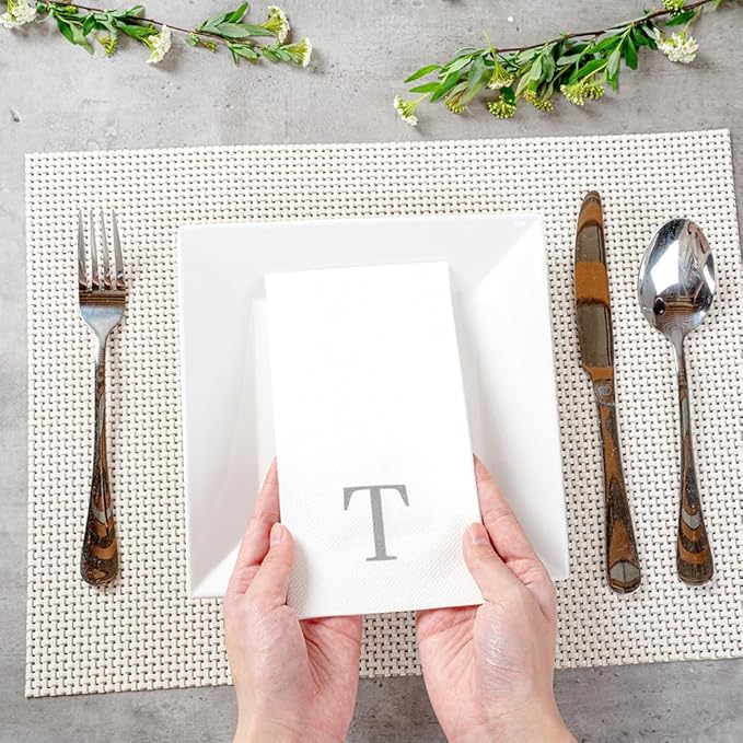 Luxenap 15.8 X 7.9 Inch Linen-Feel Guest Towels, 50 Lettered Hand Towels - Silver Letter 'T', Sans Serif Font, White Paper Dinner Napkins, airlaid, For Restrooms And Tables - Restaurantware