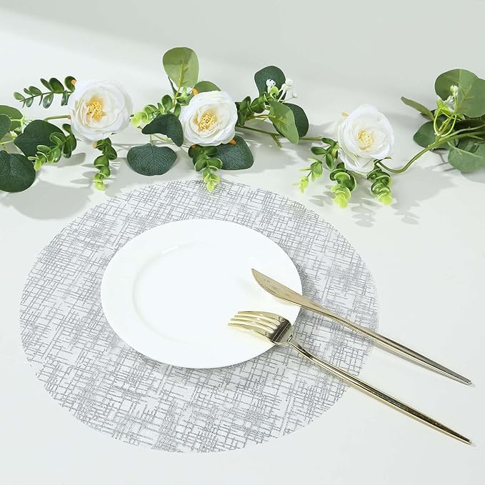 20 Pack 13" Silver Glitter Mesh Placemats - Round Disposable Durable Perfect for Parties and Events