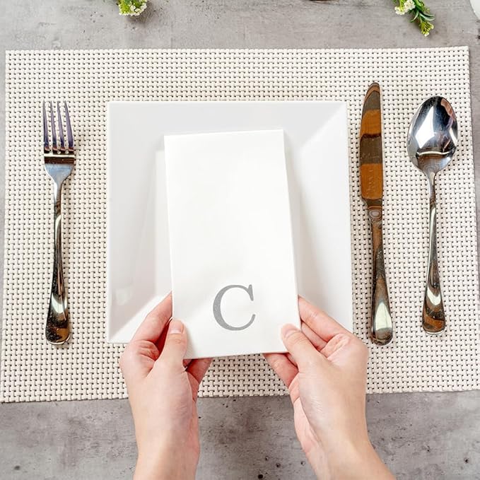 Luxenap 15.8 X 7.9 Inch Linen-Feel Guest Towels, 2000 Lettered Hand Towels - Silver Letter 'C', Sans Serif Font, White Paper Dinner Napkins, airlaid, For Restrooms And Tables - Restaurantware