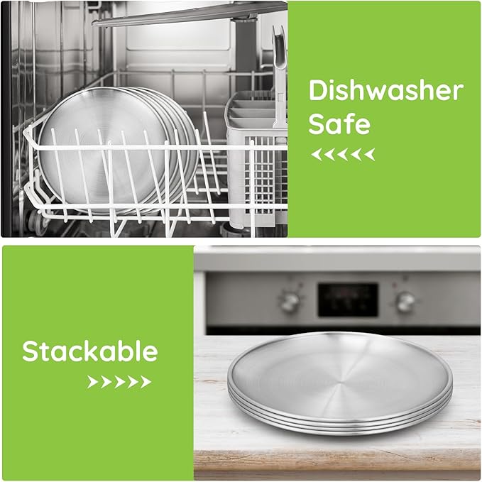 16 Stainless Steel Plates, 7.8 inch 304(18/8) Metal Camping Plate, Reusable Food Serving Dish Snack Eating Dishes Round Shatterproof Plate Silver Dinnerware for BBQ Dinner Oven Dishwasher Safe