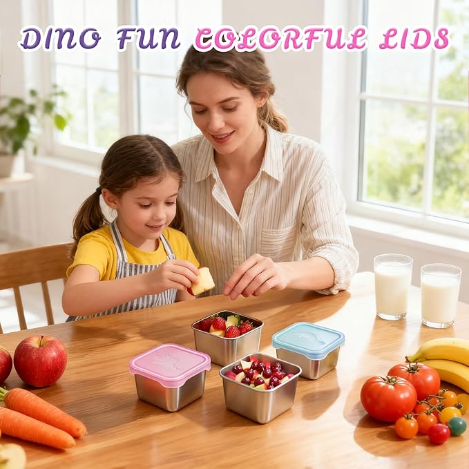 6-Pack Small (6 oz) Stainless Steel Snack Containers for Kids, Easy-Open Toddler Snack Containers with Lids - Cute Dinosaur Small Stackable Metal Lunch Box for Daycare, School, Travel