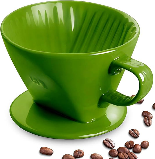 Handmade Pour Over Ceramic Coffee Dripper - Authentic Brewing Experience for Camping, Office, and Home (Dark green)