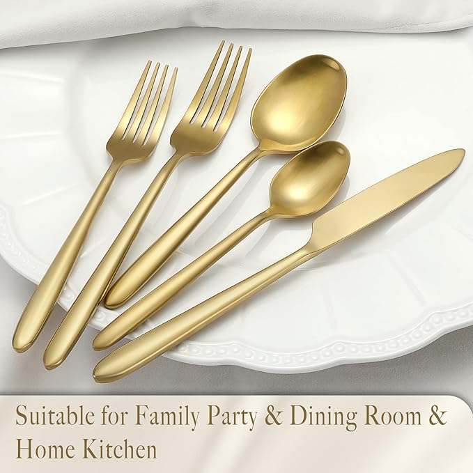 DEACORY Silverware Set Flatware Set Matte Gold Stain Polished Cutlery Set Brushed Finished Heavy Drip Handle Stainless Steel 60 Pieces Dishwasher Safe Service for 12