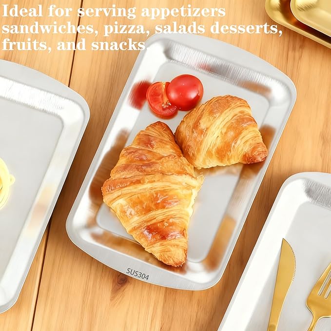 Silver Serving Tray, 304 Stainless Steel Rectangle Plates for Food, Metal Tray for Bathroom Vanity Jewelry and Serving, 9.2x5.7Inch