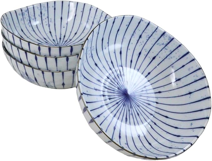 Ebros Gift Artistic Blue Waves Fubuki Tokusa Made In Japan Dinnerware Serveware Kitchenware Set Asian Japanese Restaurant Supply (Pack Of 4 Round Flair Medium Shallow Bowls 44oz)