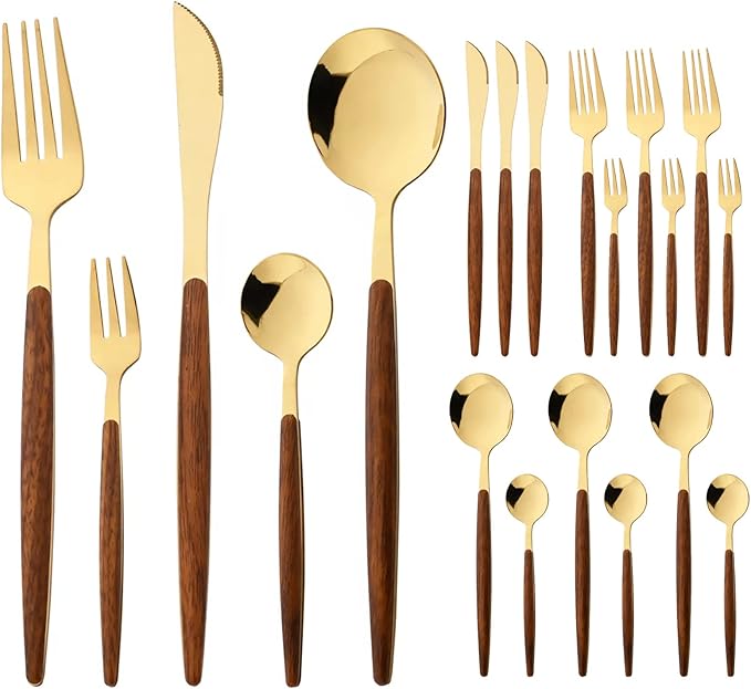 20-piece Wood Silverware Set for 4, Include Knife Fork Spoon, Stainless Steel Flatware Set with Wooden Handle, Mirror, Dishwasher Safe, for Home Kitchen Travel - Round Handle Gold