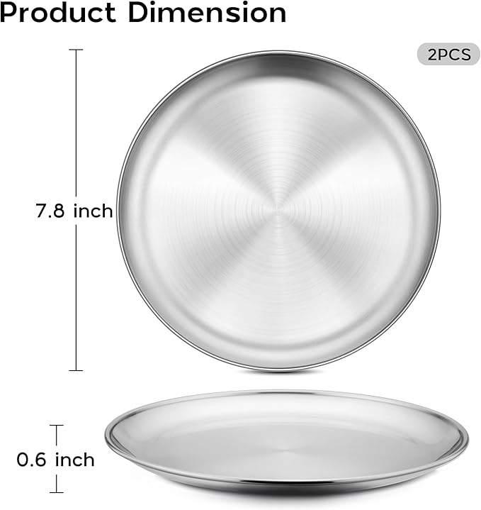 Onader 18/8 Stainless Steel Plate, 7.8 Inch 304 Metal Dinner Camping Plates for Kids Children, Reusable Round Serving Dishes Set of 2