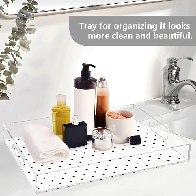 Serving Tray with Handles Clear Acrylic Tray 12x16 Inch Decorative Rectangular Tray Organizer for Ottoman Coffee Table Bathroom Black Polka Dot White