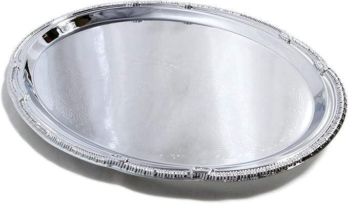(Pack of 4) 17.7-Inch x 12.9-Inch Oval Shape Chrome Plated Serving Tray Plate Food Art Decor Floral Pattern Engraved Holiday Party Buffet Wedding Birthday (X-Large) T125XL-4PK