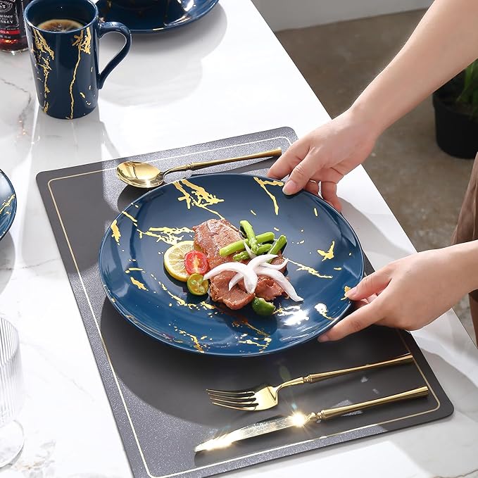 Modern Porcelain 16 Piece Blue Dinnerware Set,Plates and Bowls Sets,Gold Dish Set for 4,Blue Dinnerware Set,Dinner Sets with Dinner Plates.