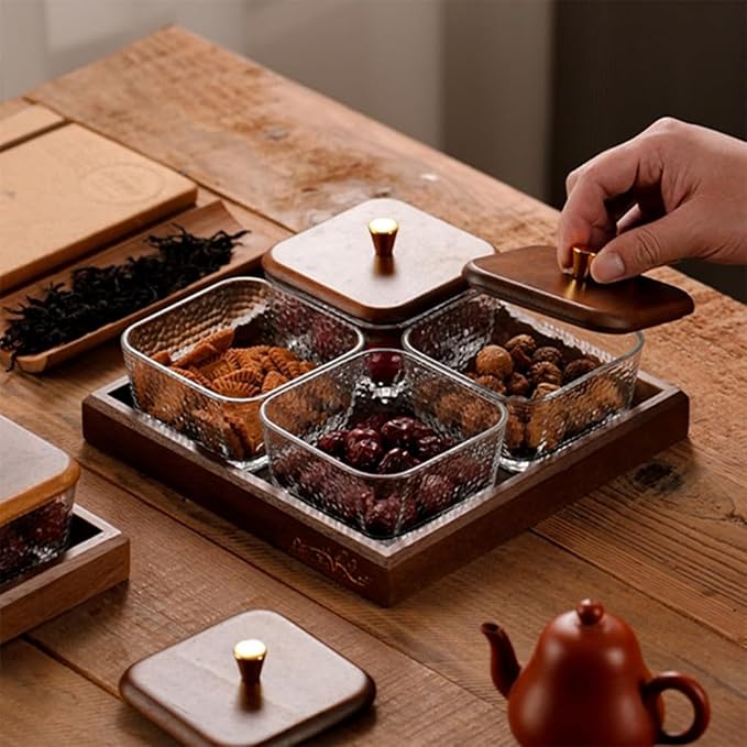 Premium Walnut Snack Tray with Lid, Glass Divided Fruit & Nut Bowl Set, Wooden Coffee Table Serving Tray for Candy, Dried Fruit, Desserts, Condiments, Charcuterie & Home Entertaining (3)