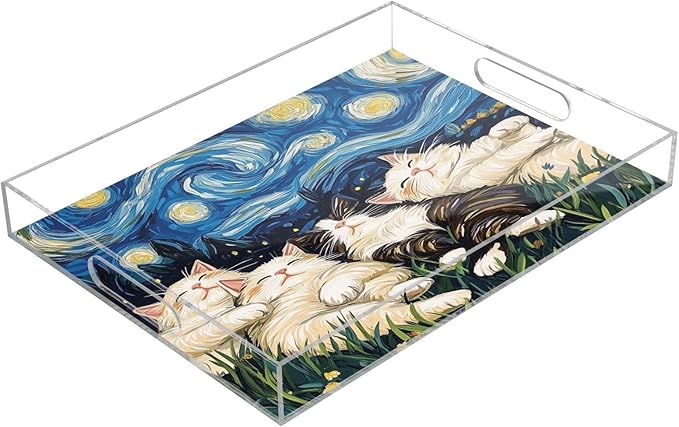 Serving Tray with Handles Clear Acrylic Tray 12x16 Inch Decorative Rectangular Tray Organizer for Ottoman Coffee Table Bathroom Starry Night Floral Ragdoll Cats Cartoon