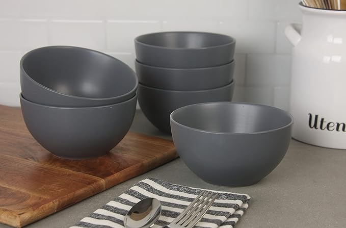 10 Strawberry Street Wazee Matte 5.5"/16oz Cereal Bowl, Set of 6, Charcoal Gray