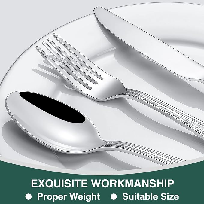 40 Pieces Silverware Set, Pearled Edge Silverware Cutlery Set Service for 8, Premium Stainless Steel Flatware Set, Knife Fork Spoon Tableware Set for Home, Restaurant, hotel, Dishwasher Safe