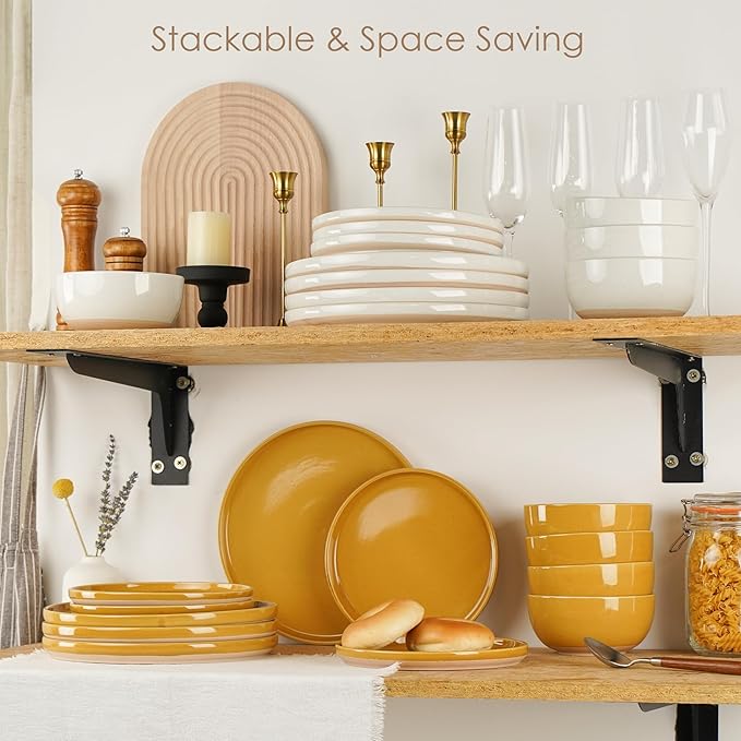 12 Pieces Farmhouse Stoneware Dinnerware Sets, Speckled Ceramic Plates and Bowls Set, Matte Terracotta Underside Ceramic Dishes Set for 4, Scratch Resistant Microwave & Dishwasher Safe (Ginger Gold)