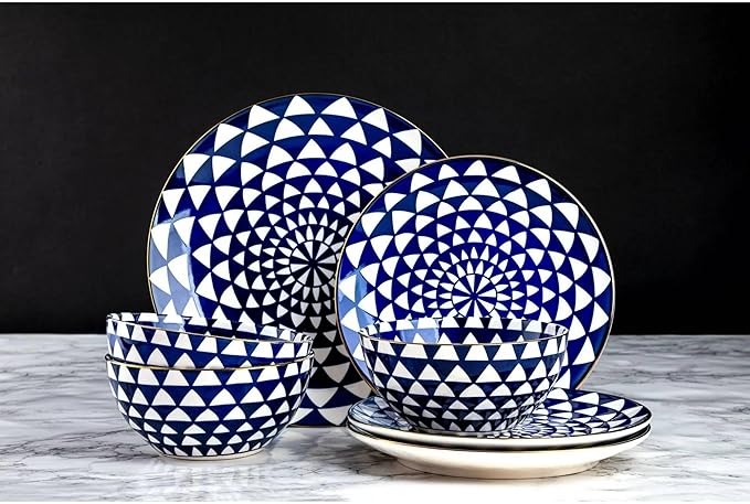 12-Piece Ceramic Dinnerware Set for 4, Plates and Bowls, Microwave and Dishwasher Safe (Blue and White)